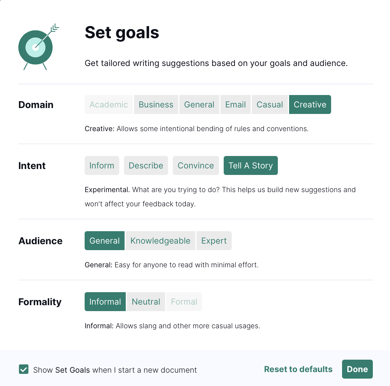 Goal options you&rsquo;d find in Grammarly.